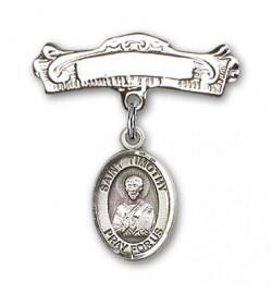 Pin Badge with St. Timothy Charm and Arched Polished Engravable Badge Pin [BLBP0996]