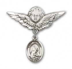 Pin Badge with St. Victoria Charm and Angel with Larger Wings Badge Pin [BLBP1648]