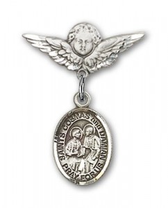 Pin Badge with Sts. Cosmas &amp; Damian Charm and Angel with Smaller Wings Badge Pin [BLBP1173]