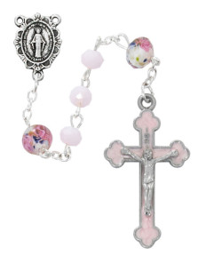Pink Floral Venetian Glass Bead Rosary [MVR0644]
