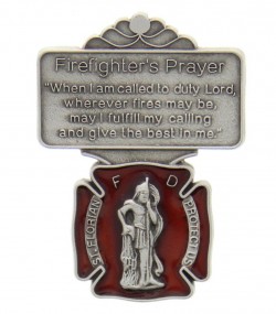St. Florian Firefighter Prayer Visor Clip, Red Enamel, Pewter - 2 1/8“H [AU1034]