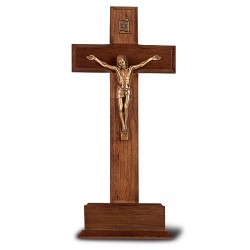 Standing Walnut Crucifix with Gold-tone Corpus and Base- 10 inch [CRX4316]