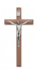 Walnut Wall Crucifix with Beveled Edge Silver-tone Corpus 10 Inch [CRX3837]