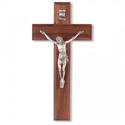 Wide Crossbar Walnut Wall Crucifix Silver-tone Corpus - 10 inch [CRX4175]