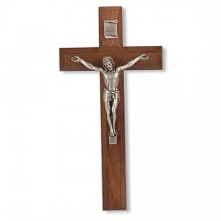 Walnut Wall Cross with Pewter Jesus and INRI Plaque - 7 inch [CRX4047]