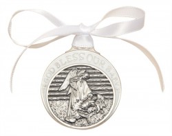 White Ribbon Angel in Manger Crib Medal in Pewter [BLCRB009]