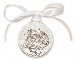White Ribbon Guardian Angel Crib Medal in Pewter [BLCRB011]