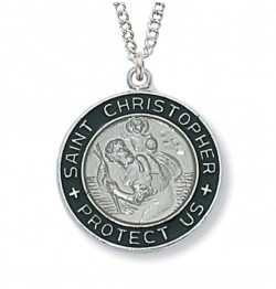 Women's Round Silver with Black St. Christopher Medal [CM0605]