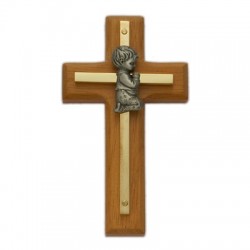 Wood &amp; Brass Praying Boy Baby Cross 4“H   [SNCR1055]