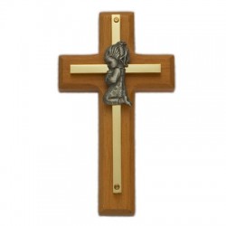 Wood &amp; Brass Praying Girl Baby Cross 4“H   [SNCR1056]
