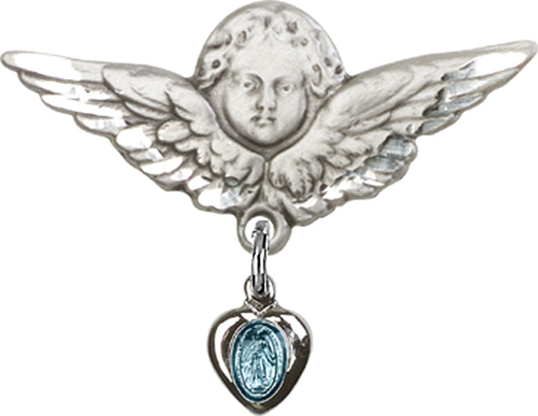 Sterling Silver Engravable Baby Pin with Blue Enamel Miraculous Charm with Larger Wings