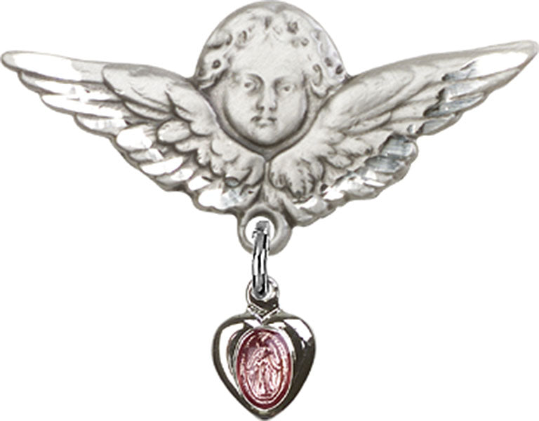 Sterling Silver Baby Pin with Pink Enamel Miraculous Charm and Angel with Larger Wings