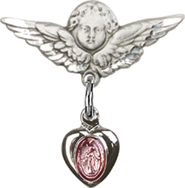 Sterling Silver Baby Pin with Pink Enamel Miraculous Charm and Angel with Smaller Wings