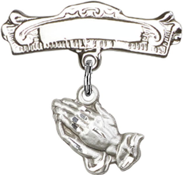 Praying Hands Charm and Arched Polished Engravable Badge Pin
