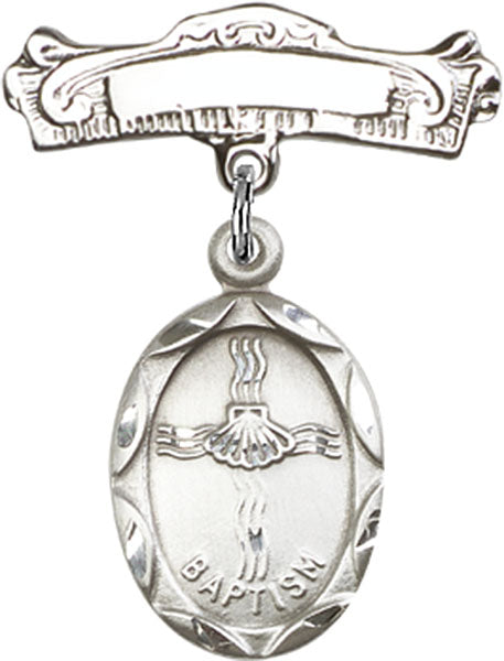 Baptism Charm and Arched Polished Engravable Badge Pin
