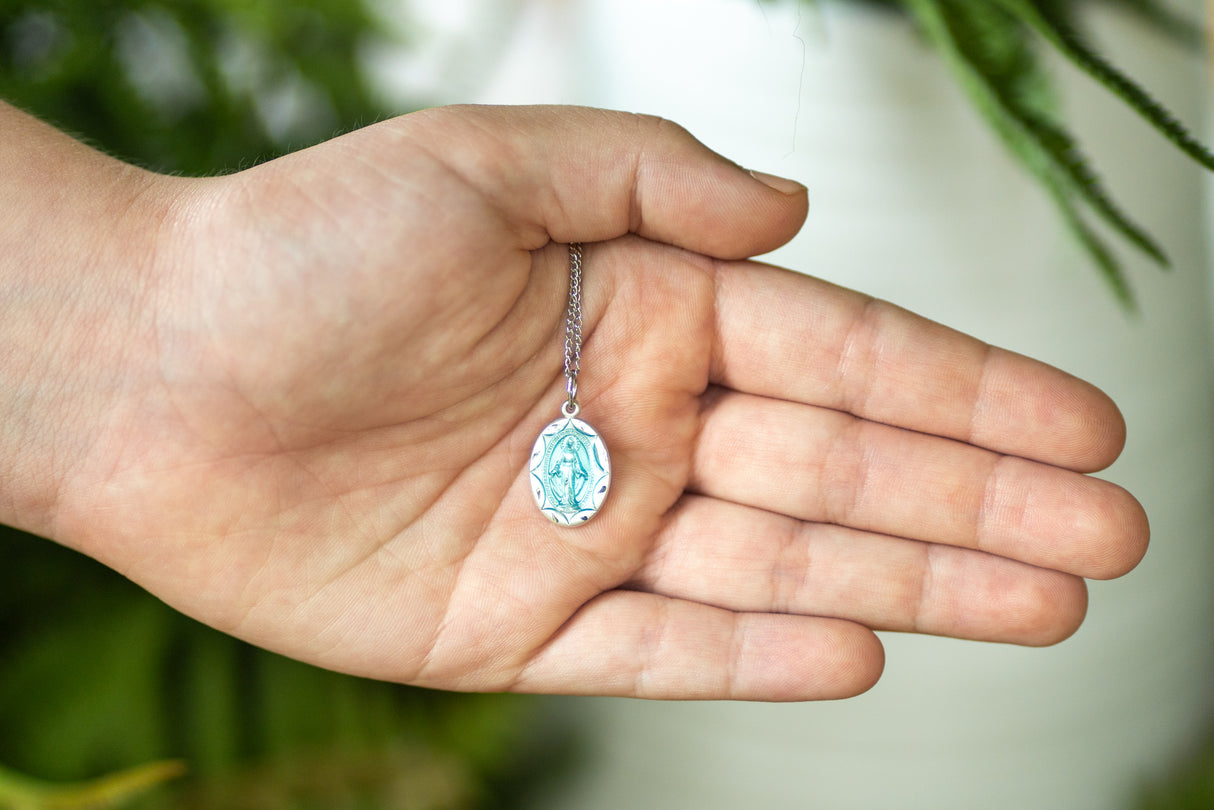 Miraculous Medal with Blue Enamel Necklace for Women