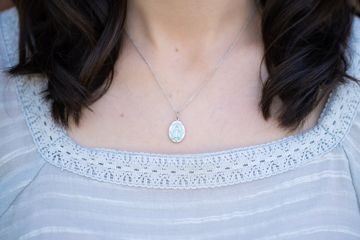 Miraculous Medal with Blue Enamel Necklace for Women