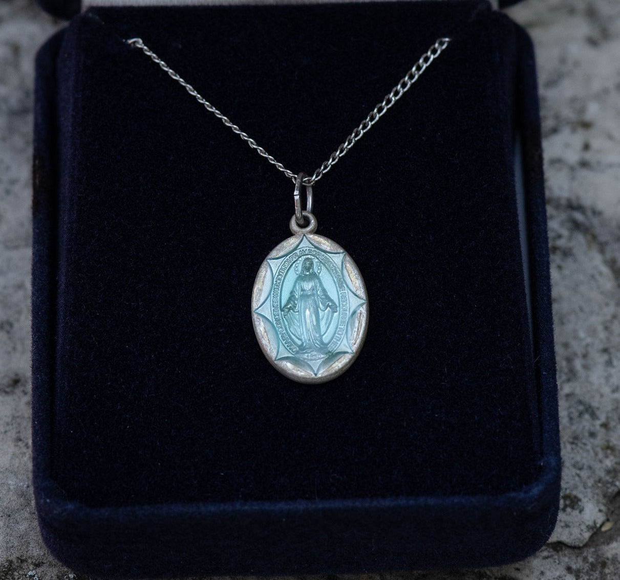 Miraculous Medal with Blue Enamel Necklace for Women