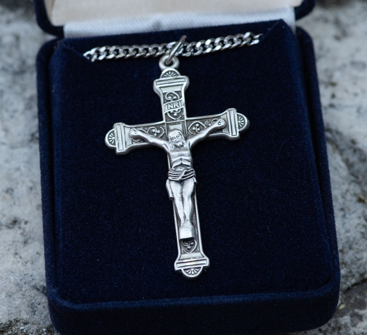 Men’s Sterling Silver, Gold-Filled, or 14K Solid Gold Cross-Tip Crucifix Pendant – 1 7/8″ Tall