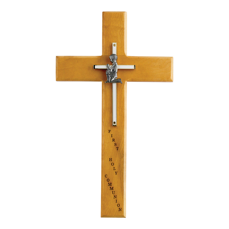 First Communion Boy's Maple Wood Personalized Cross - 10 inch