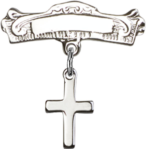 Cross Charm and Arched Polished Engravable Badge Pin