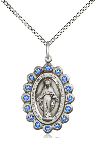 Blue Crystal Stone Border Miraculous Medal Necklace