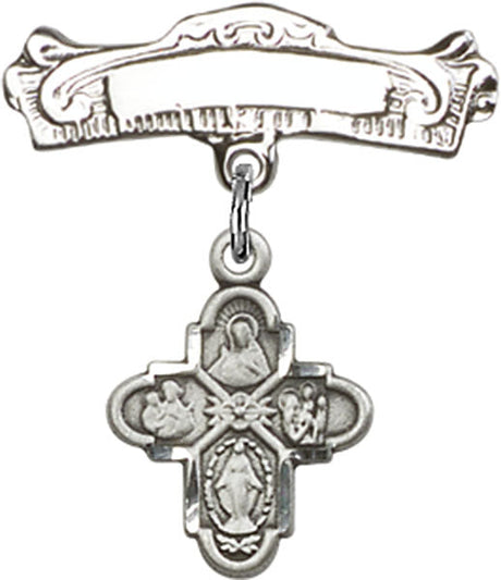 4-Way Charm and Arched Polished Engravable Badge Pin