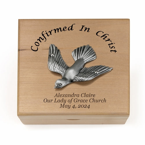 Confirmation Keepsake Box with Dove - Maple Wood Pewter