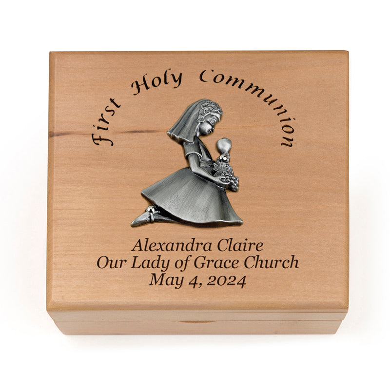 First Communion Girl's Maple Wood Keepsake Box
