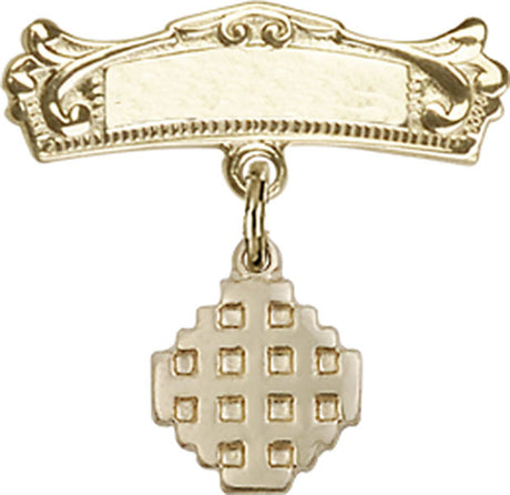 Jerusalem Cross Charm and Arched Polished Engravable Badge Pin
