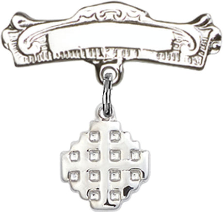 Jerusalem Cross Charm and Arched Polished Engravable Badge Pin