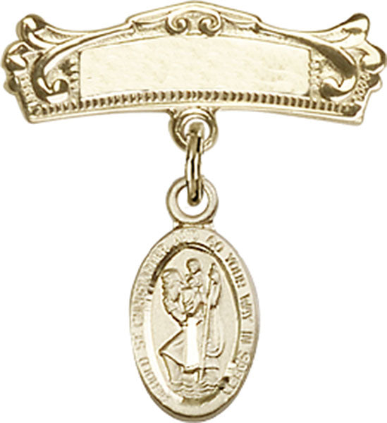 St. Christopher Charm and Arched Polished Engravable Badge Pin