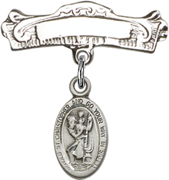 St. Christopher Charm and Arched Polished Engravable Badge Pin