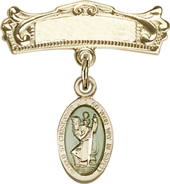 St. Christopher Charm and Arched Polished Engravable Badge Pin