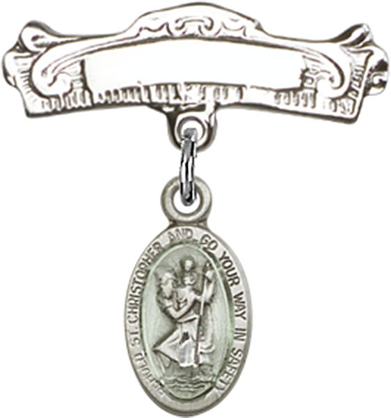 St. Christopher Charm and Arched Polished Engravable Badge Pin