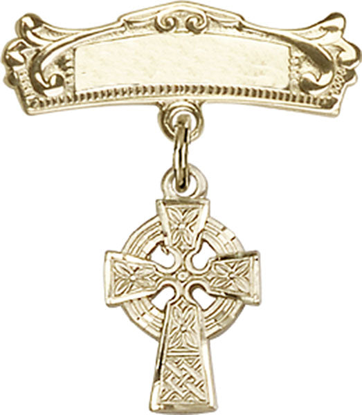 Celtic Cross Charm and Arched Polished Engravable Badge Pin
