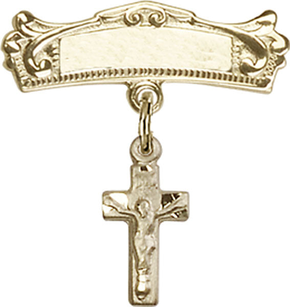 Crucifix Charm and Arched Polished Engravable Badge Pin