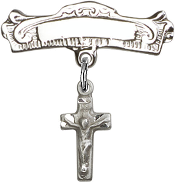 Crucifix Charm and Arched Polished Engravable Badge Pin