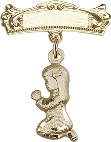 Praying Girl Charm and Arched Polished Engravable Badge Pin