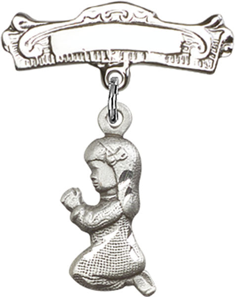 Praying Girl Charm and Arched Polished Engravable Badge Pin