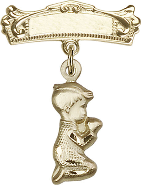 Praying Boy Charm and Arched Polished Engravable Badge Pin