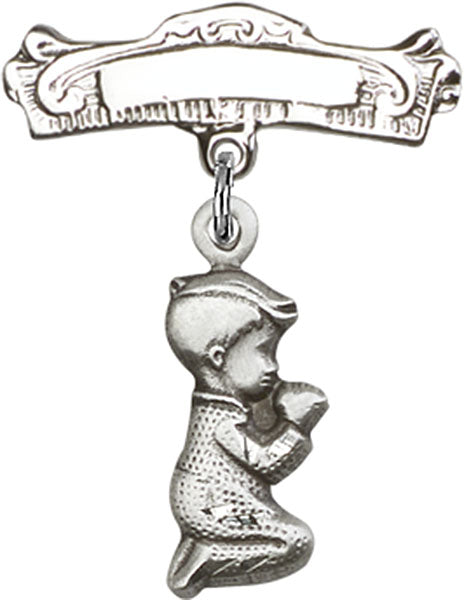 Praying Boy Charm and Arched Polished Engravable Badge Pin