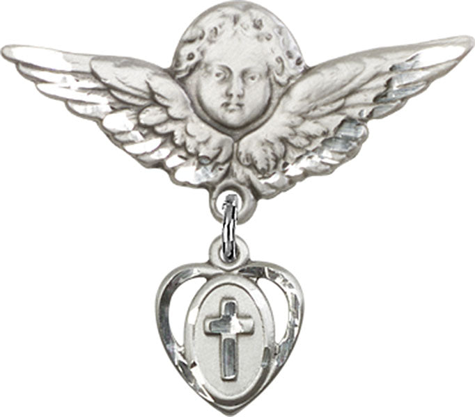 Cross Charm and Angel with Larger Wings Badge Pin