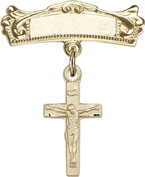 Crucifix Charm and Arched Polished Engravable Badge Pin