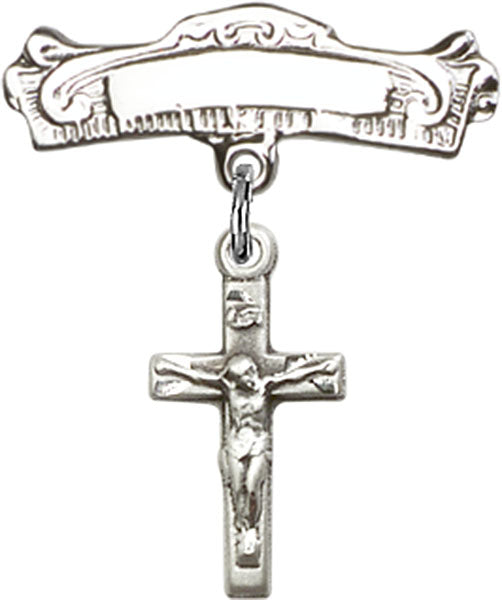 Crucifix Charm and Arched Polished Engravable Badge Pin