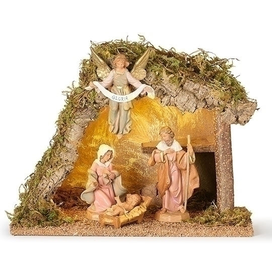 Fontanini 5" Nativity Starter Set with LED Light – 4-Piece Italian Nativity & Stable