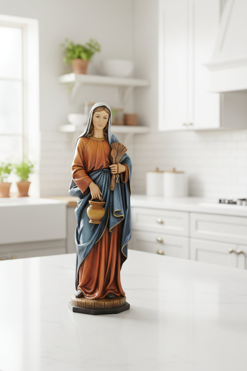 Kitchen Madonna statue 9.25 inch with bread keys ladle Renaissance style Our Lady of the Kitchen Catholic home decor