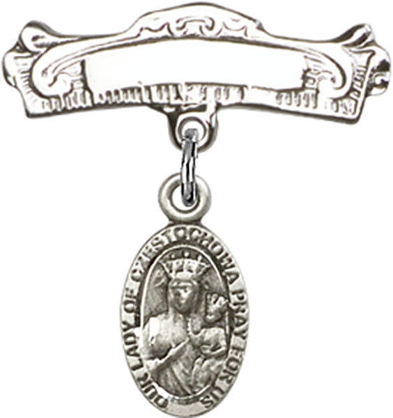 Our Lady of Czestochowa Charm and Arched Polished Engravable Badge Pin