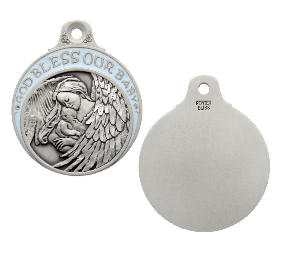 Blue Ribbon Guardian Angel Crib Medal in Pewter for Boys