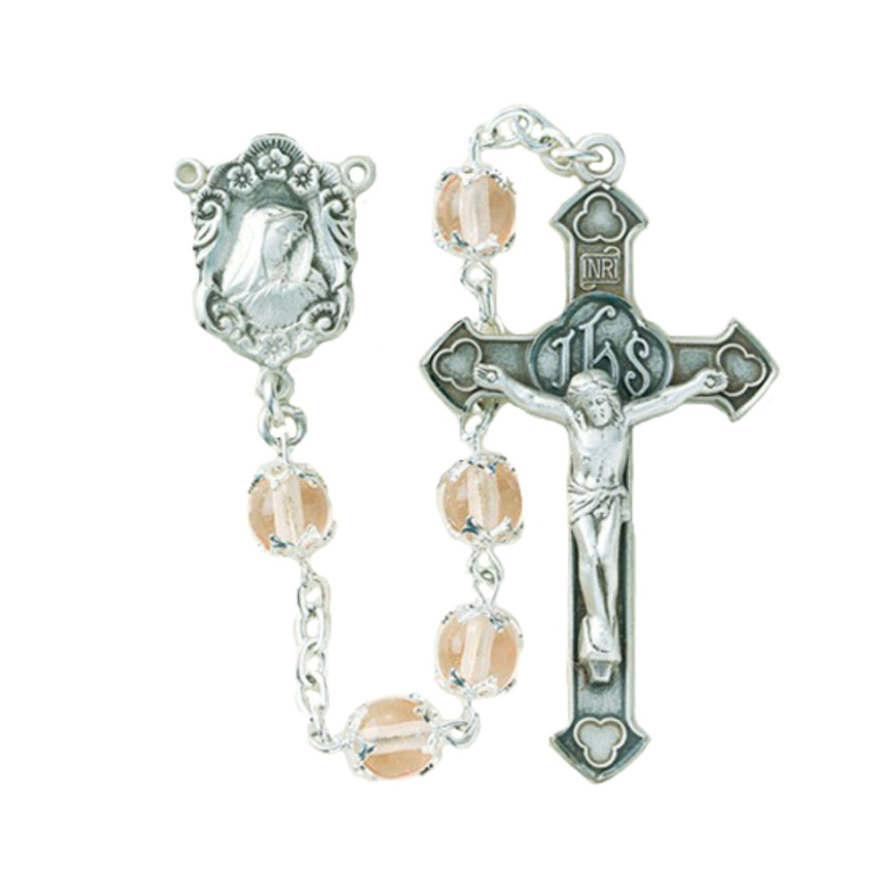6mm Double Capped Pink Glass Bead Rosary in Sterling Silver
